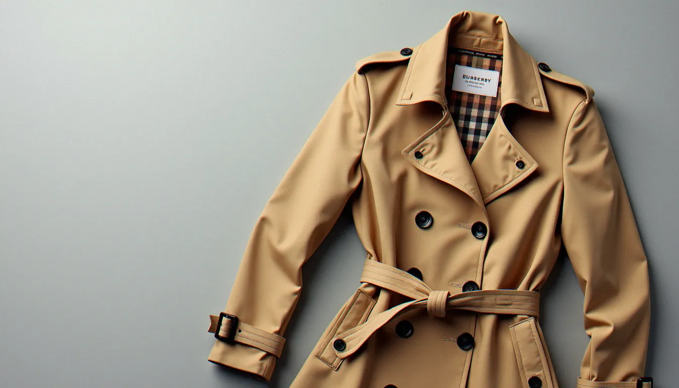 Trench femme Burberry camel en gabardine, vue à plat mettant en valeur la doublure tartan et les détails du double boutonnage