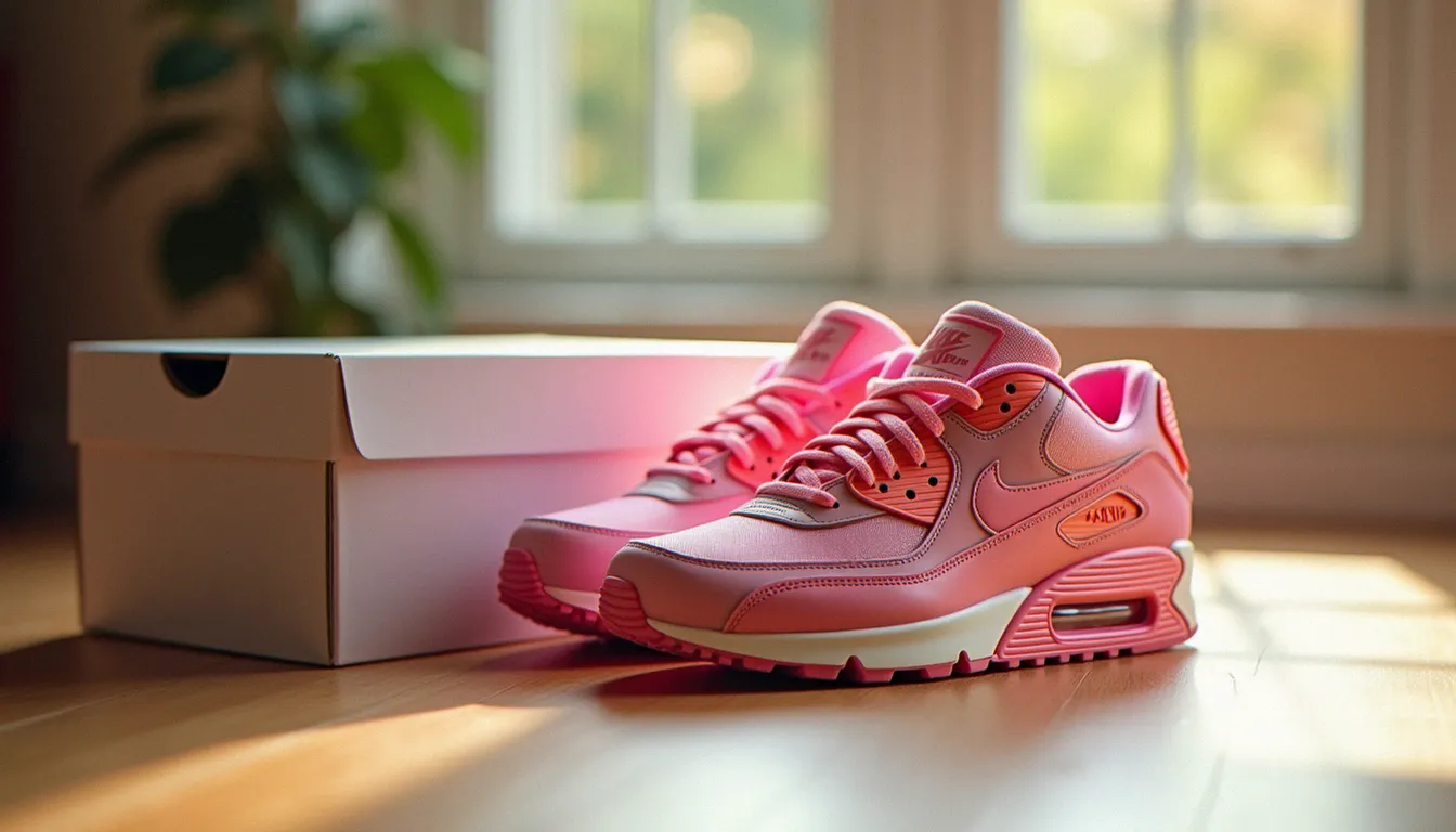 Air Max 90 rose sur parquet à côté de leur boîte d'origine