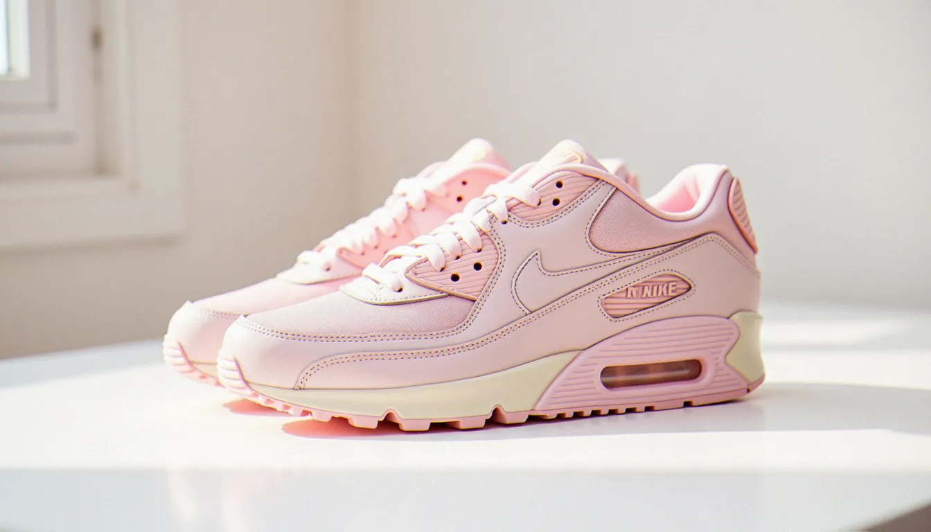 Nike Air Max 90 rose pastel avec semelle Air visible blanche sur fond neutre