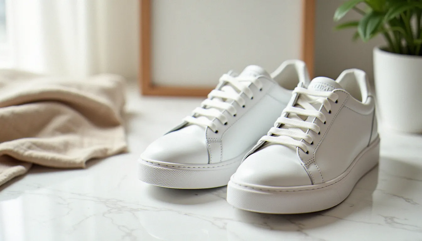 Basket Ralph Lauren femme en cuir blanc posée sur un plateau en marbre, éclairage naturel doux, détail de la semelle et de la tige visible