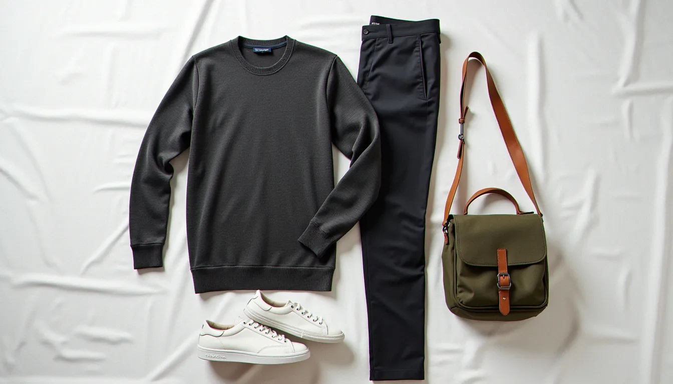 Vue en plongée d'une tenue masculine décontractée accompagnée d'une besace en toile olive et sangle cuir
