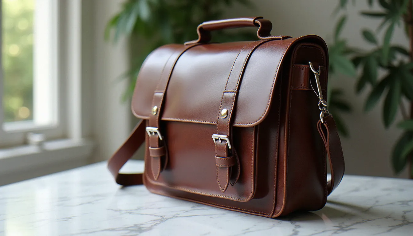 Besace homme Longchamp en cuir grainé marron posée sur une surface en marbre, éclairage naturel latéral
