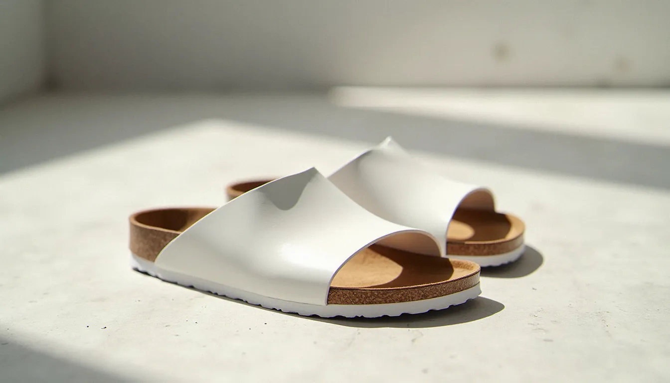 Paire de Birkenstock blanche à semelle en liège posée sur un sol en béton clair, éclairage naturel latéral