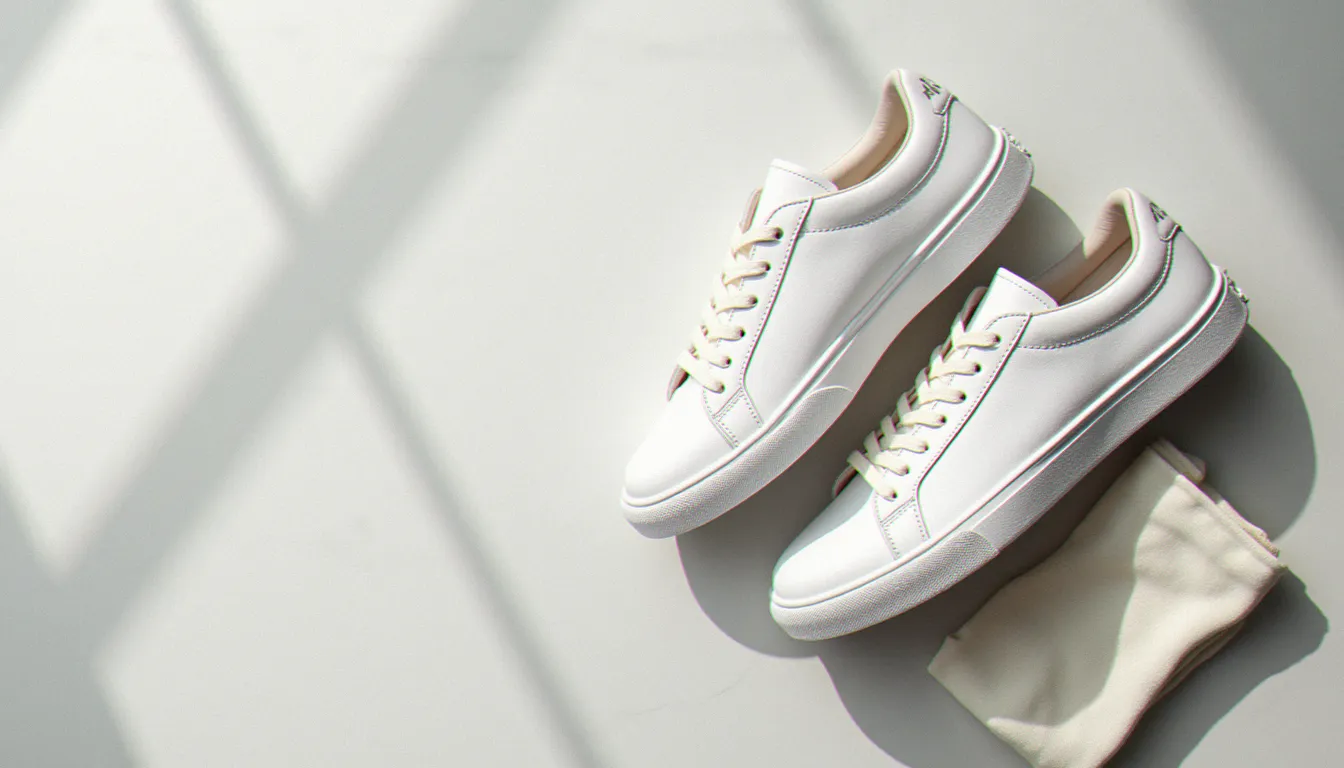 Sneaker blanche en cuir à coutures fines vue de dessus sur un sol en béton clair, éclairage naturel latéral