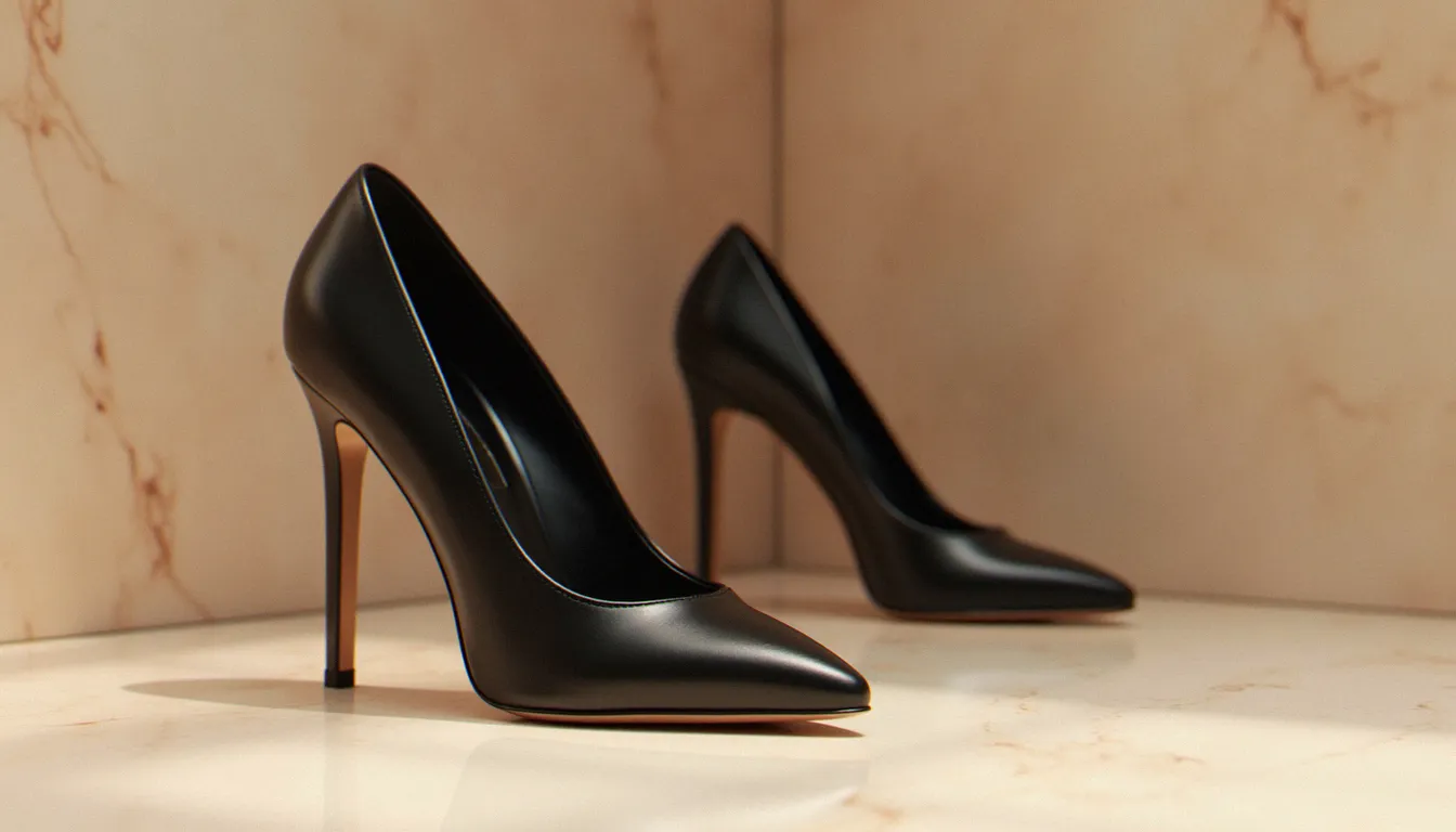 Paire de chaussures Dolce Gabbana à talon en cuir noir posée sur une surface en marbre beige, vue rapprochée du bout et du talon