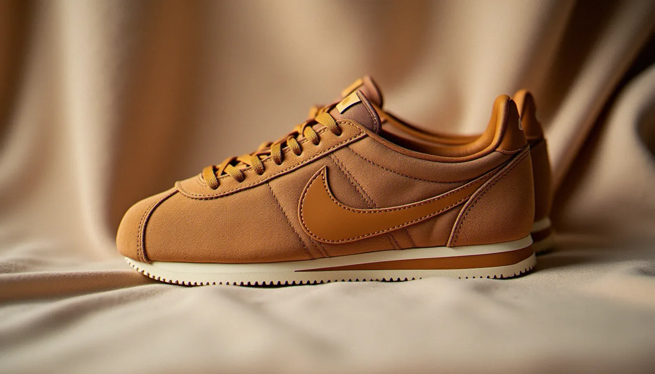 Détail de la couture et de la texture de la Nike Cortez Bronze.