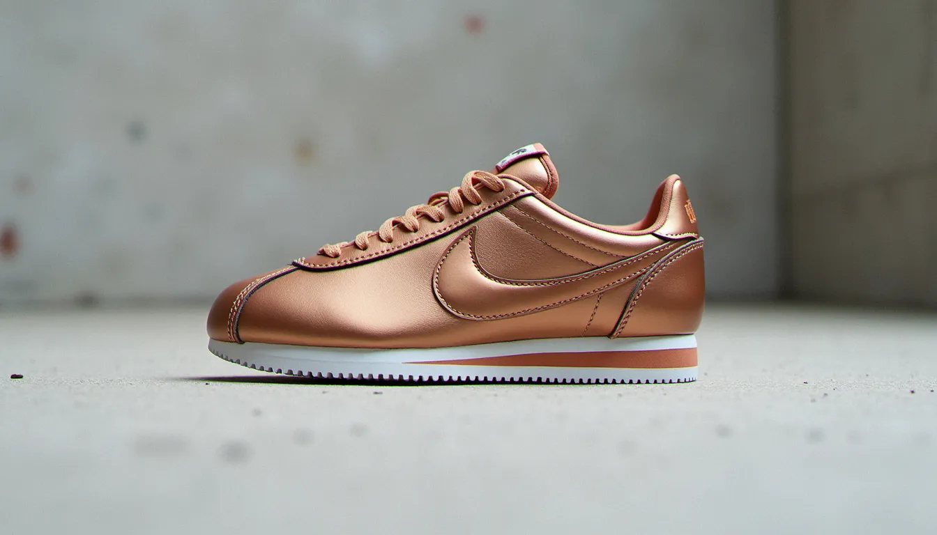 Nike Cortez Bronze posée sur un sol en béton clair, vue en gros plan.
