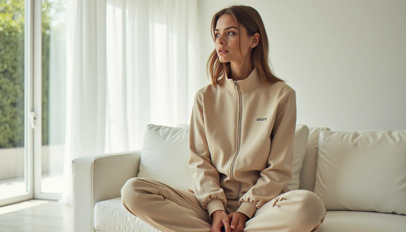 Femme portant un survêtement Armani beige dans un salon moderne