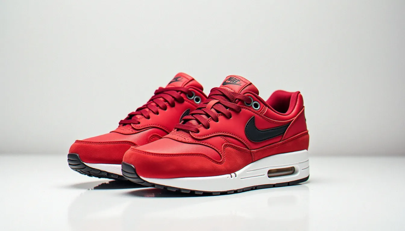 Paire de sneakers Nike Air Max 1 OG Vintage en rouge université sur fond blanc