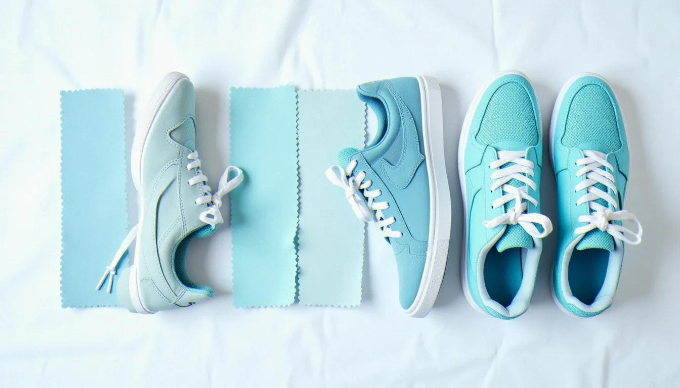 Comparaison de plusieurs nuances de bleu azur sur des chaussures en daim, cuir et mesh disposées à plat