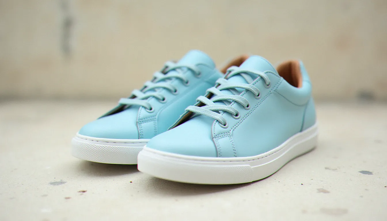 Paire de baskets bleu azur en cuir à semelle blanche posée sur une surface beige, illustrant le thème azure chaussure