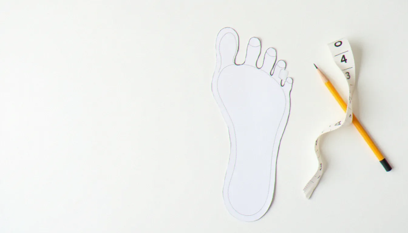 Feuille avec contour de pied, mètre ruban et crayon pour mesurer sa pointure avant d'acheter une Birkenstock Molina