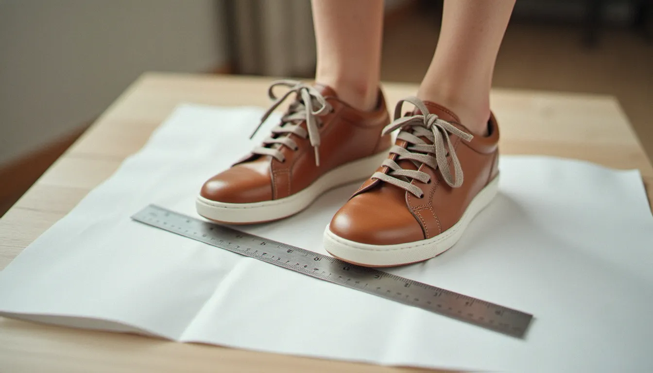 Pieds féminins en baskets basses sur une feuille avec une règle, pour mesurer sa pointure avant d'acheter une blazer nike femme