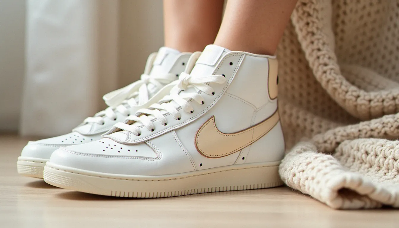Paire de baskets montantes rétro en cuir blanc et crème posée sur un parquet clair, illustrant la blazer nike femme