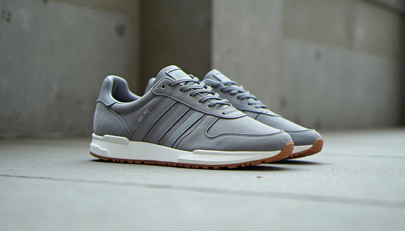 Paire de baskets en suède gris au style rétro, illustrant la campus chaussure, posée sur une surface en béton clair