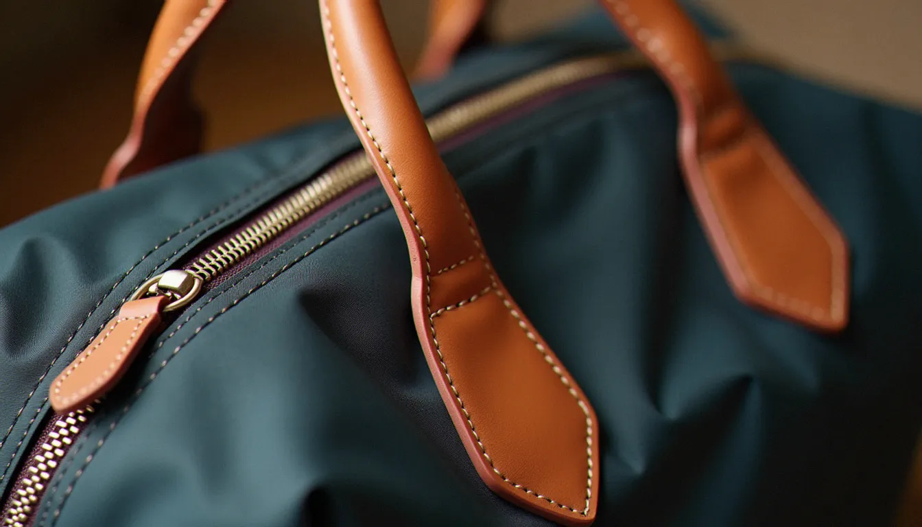 Gros plan sur des coutures régulières et une fermeture métallique d'un sac en nylon, détails à contrôler pour reconnaître un faux sac Longchamp