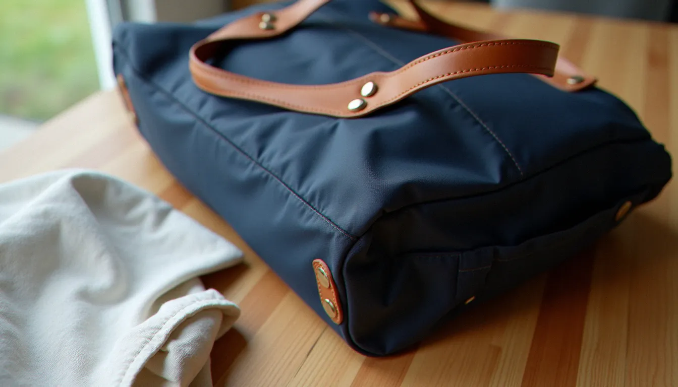 Sac en nylon bleu marine avec finitions en cuir posé sur une table en bois clair, illustrant le guide pour repérer un faux sac Longchamp