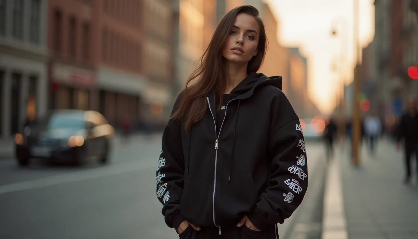 Jogging Armani femme porté avec style en ville au coucher du soleil