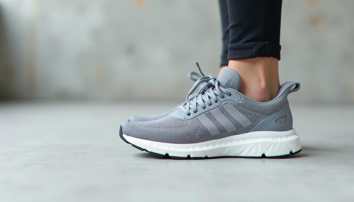 Paire de running de stabilité grise et blanche, type New Balance 1260 v6, posée sur un sol en béton clair