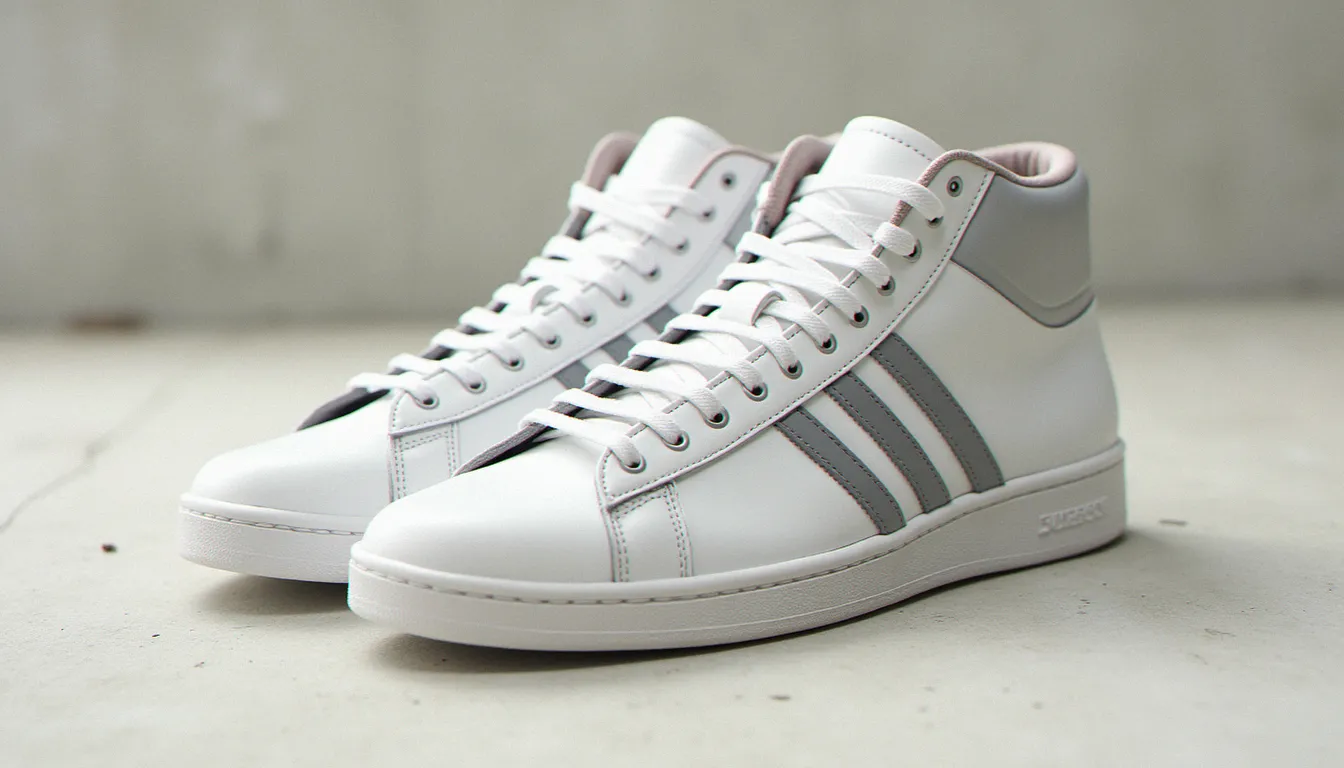 Paire de baskets blanches en cuir de type nike blazer blanche posée sur un sol en béton clair