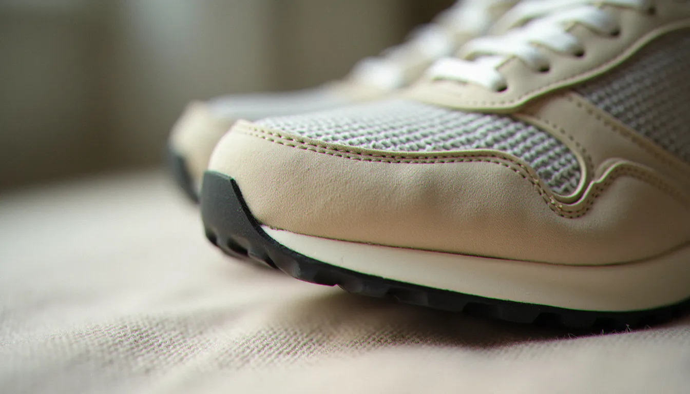 Détail des coutures et du motif écailles embossé d'une paire de Nike Cortez Snake posée sur un tissu en lin pour illustrer la vérification d'authenticité