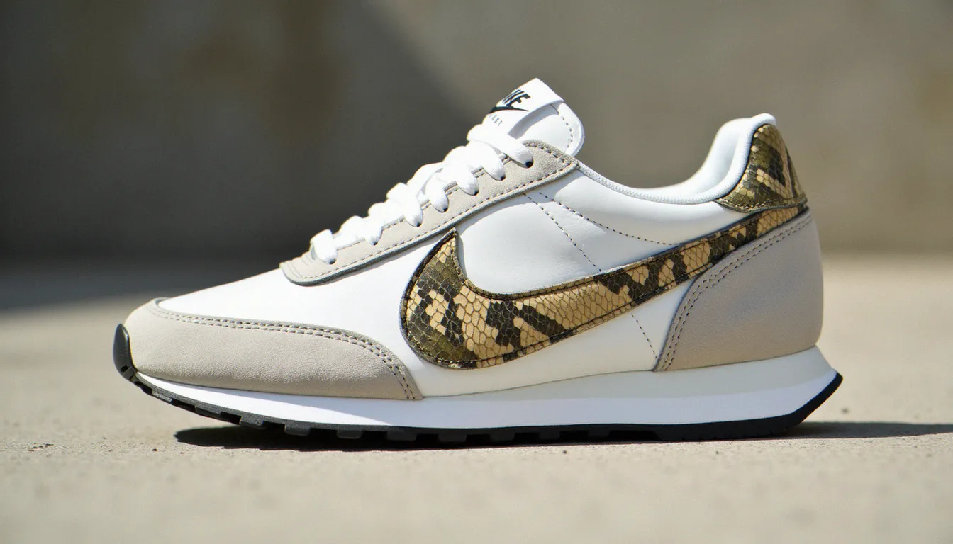 Gros plan sur une basket rétro de type Nike Cortez Snake avec un panneau latéral effet peau de serpent beige et olive posée sur du béton clair