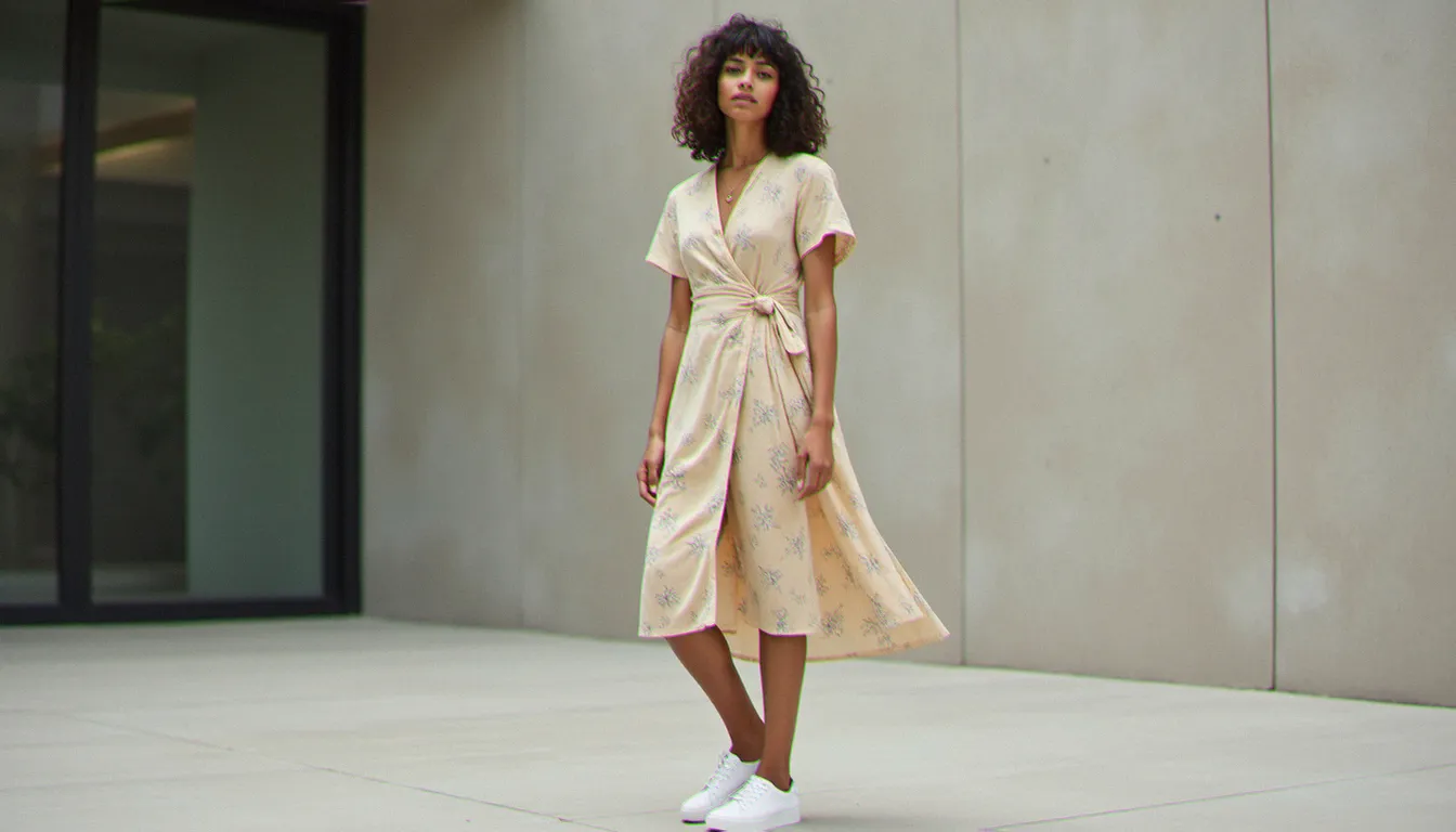 Robe Ralph Lauren femme beige à motif floral associée à des sneakers blanches minimalistes
