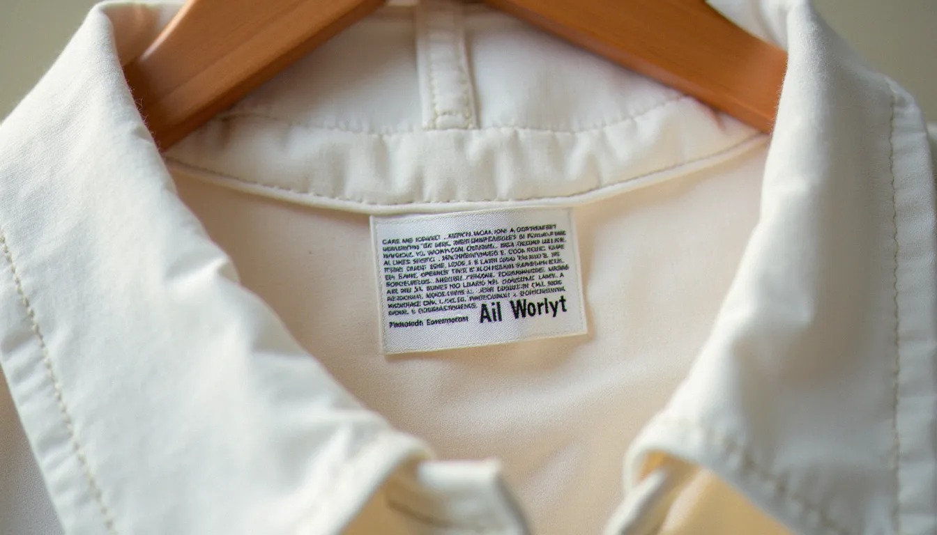 Détail de l'étiquette cousue d'un t-shirt, montrant la finition soignée du col et l'étiquette de soins.