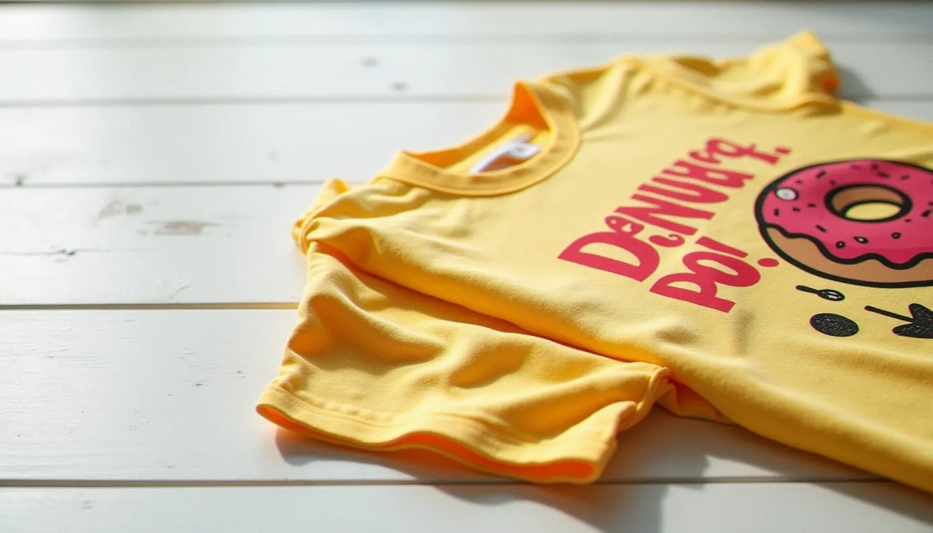 T-shirt Ralph Lauren Simpson plié sur une surface blanche, avec un imprimé graphique jaune et rouge aux couleurs iconiques de la série.