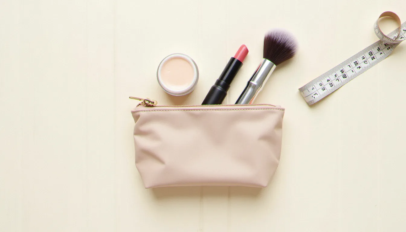 Produits de beauté disposés à côté d'une trousse ouverte et d'un mètre ruban pour choisir la bonne taille de trousse