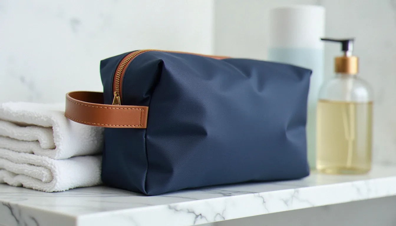 Trousse de toilette femme Longchamp en nylon bleu marine posée sur une étagère en marbre clair à côté d'une serviette blanche